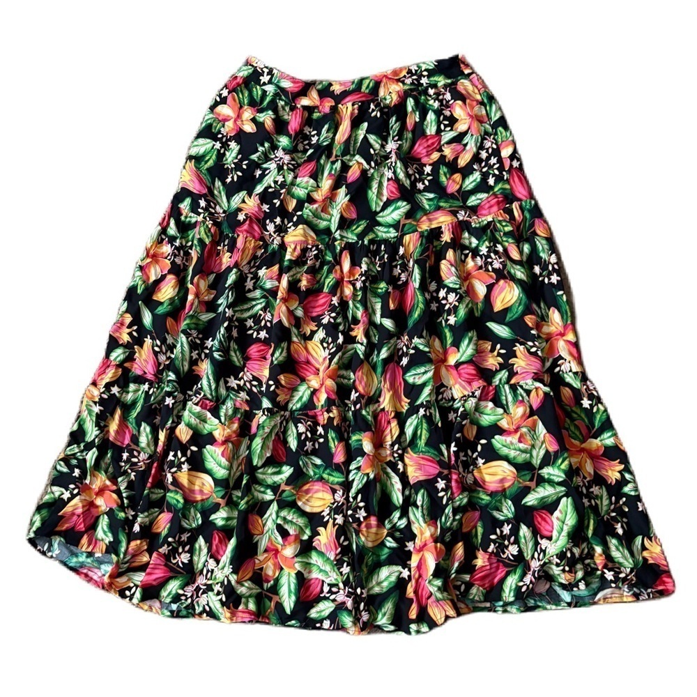Nicole Miller Floral Tropical Print Women's Skirt Large Black Pink Orange Maxi
